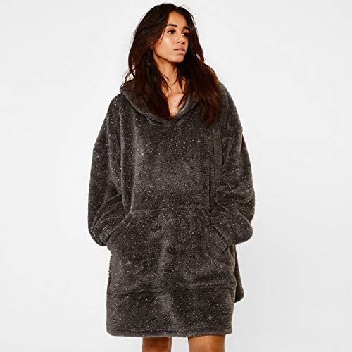 Sienna Oversized Hoodie Blanket Teddy Glitter Fleece Warm Cosy Fluffy Throw Wearable Blanket Hoodie Sweatshirt with Large Pocket for Women Adults, One Size - Charcoal Grey