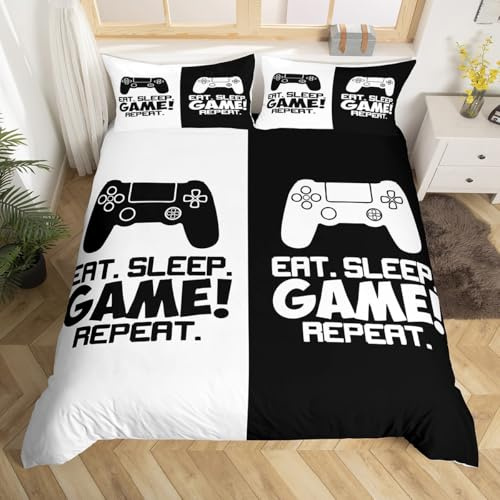 Juego de ropa de cama, funda de edredón con estampado de mando de consola de videojuegos, decoración para parejas, niños y niñas, color blanco y negro, 2 fundas de almohada, 3 piezas, tamaño doble