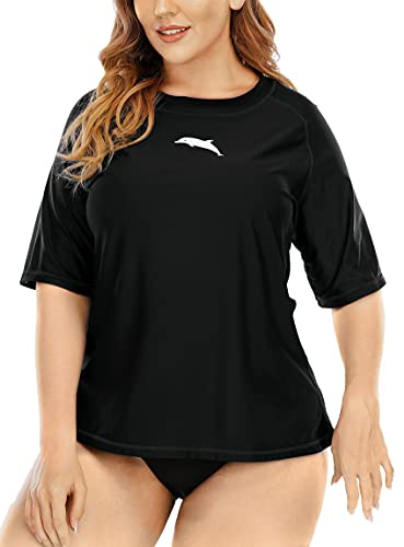 Halcurt Maglietta da nuoto da donna, taglie forti, protezione UV, a maniche corte, Solid Black1, 4XL plus