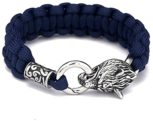 C2Jew Fenrir Wolfskopf Manschettenarmband Handgewebtes Paracord Amulett Schmuck Nordischer Wikinger Edelstahlkette