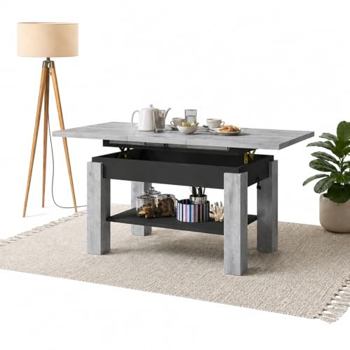 All4All Couchtisch Astra - Kaffeetisch - Wohnzimmertisch – Sofatisch mit Ablage - höhenverstellbar - kompakte Größe - Sofatisch - 110x68cm - 05 - BETONOPTIK + SCHWARZ