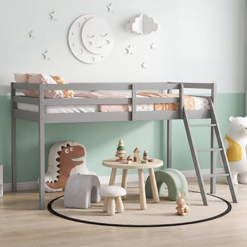 Panana Mid Sleeper With Ladder, Cabin Loft Bunk Bed Solid Pine Single Bed for Kids,Child (Grey, 01 Bunk)