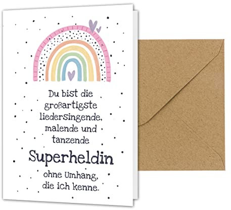 Dankeskarte Erzieherin, Abschiedskarte Kindergarten und Kita mit Regenbogen, Abschluss Abschied Geschenk für Tagesmutter, süße Danke Karte mit Umschlag, Abschiedsgeschenk (Superheldin)
