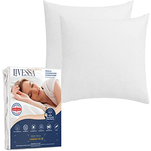 LIVESSA Wasserdichter Kissenbezug 80x80 cm (2er Pack) Kombinierbar mit Matratzen-Schutzhüllen - Kissenschoner mit Reißverschluss, 100% Baumwolle Oberfläche, Atmungsaktiv