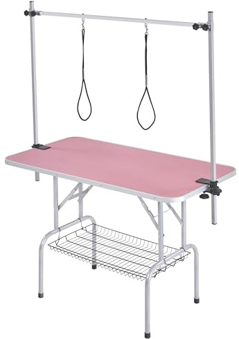 Yaheetech Mesa de Peluquería Mesa Peluqueria Canina para Mascotas Grande 118x60x177cm Plegable Mesa de Aseo para Perro Canina Altura Ajustable Rosa
