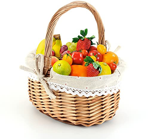 Wicker Picknickkorb,Oval Einkaufskorb Weidenkorb mit Henkel, Handgeflochten Geschenkkorb Obstkorb Mit Futter Gewebten Aufbewahrungskorb Tragekorb Autokorb Henkelkorb für Zuhause Camping Garten