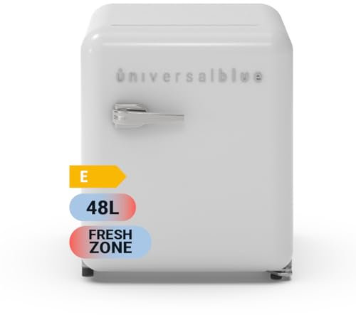 UNIVERSALBLUE Minibar Vintage Blanco 48L | Mini Bar con Congelador 0 a -3ºC | Frigorífico Pequeño Silencioso | Bajo Encimera Retro| Frigo Bajo Consumo | Control Mecánico | Totalmente Equipado