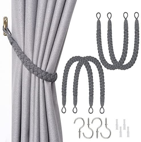 NICEEC 4 Pack Natural Cotton Rope Curtain Tiebacks Elegant Boho Style Decorative Drape Tie Backs Soft Hand-Woven Rope Curtain Holdbacks with Metal Hook for Home & Office Drapery (Dark Grey)