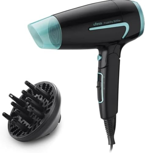 Ufesa Trip & Dry Asciugacapelli compatto, pieghevole, 1600W, 2 velocità, 2 temperature, diffusore e concentratore, ideale da viaggio