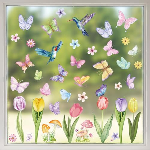 8 Sheets Spring Window Stickers Tulips Hummingbird Butterfly Flower Window Clings Double-Sided Stained Glass Clings Floral Window Clings for Spring Window Decorations