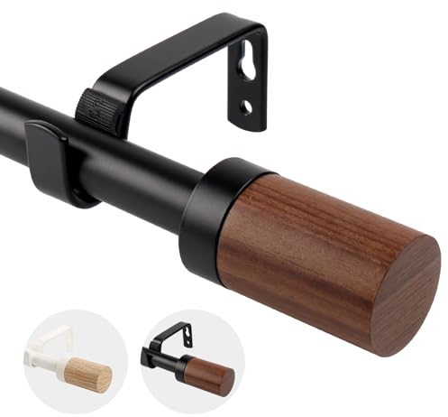 Gardinenstange ausziehbar, Dia 16/19 mm, Verstellbare Gardinenstange aus Metall mit Holzmaserung Endstücke für Ösenvorhänge, Elegante Moderne Dekostange, schwarz (Schwarz, 210-310CM)