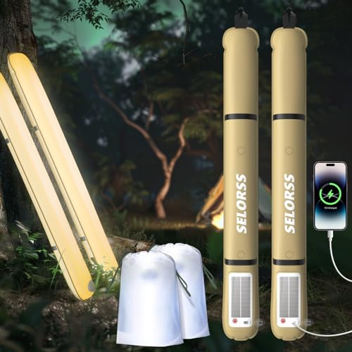 SELORSS Aufblasbare Solar-Campingleuchten, 86 cm, faltbar,Teleskoplampe, tragbares Outdoor-LED-Licht mit 2000 mAh, IP66, wasserdicht, mit warmem Licht für Camping, Reisen– 2er-Pack, Grün