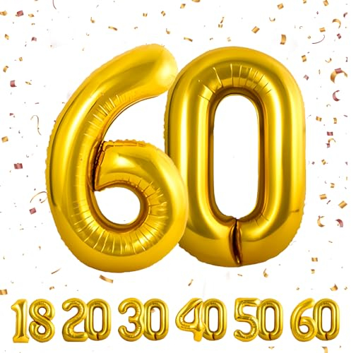 Palloncini Compleanno 60 anni Oro -101 CM Palloncino Numero 60 Gonfiabile in Foil -Decorazioni Compleanno di un uomo donna- Vola con l'Elio