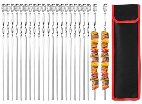 Xafrstyu 20 Pièces Brochettes pour Barbecue INOX, Réutilisables Pique Brochettes INOX, Pique à Brochette INOX pour Barbecue Viande Kebab Légumes (39 cm)
