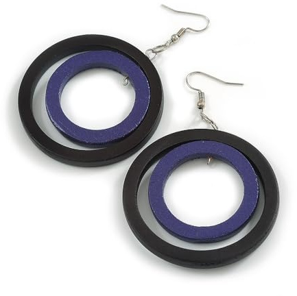 Boucles d'oreilles créoles double cercle en bois 50 mm D/noir/violet – 75 mm de long, taille unique, Bois