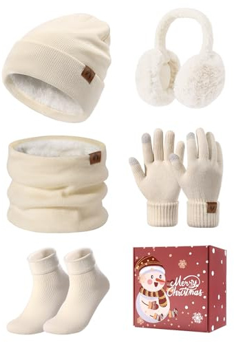 PASUDA Mützen Schal Handschuhe Damen Winter 5 Stücke Set Warme Fleece Gefütterte Beanie Wintermütze Halswärmer Touchscreen Handschuhe Plüsch Ohrenschützer Verdickte Socken Damen Winterzubehör