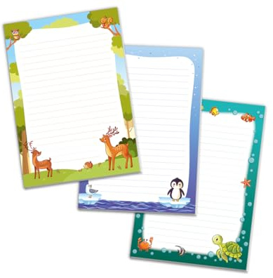 Schreibblock Blöcke Kindermotiv Tiere Notizblöcke mit Linien für Mädchen Jungen Briefblock Notizblock liniert 3er Set (3 Blöcke: Reh, Pinguin, Schildkröte mit je 25 Blätter in A5-Format)