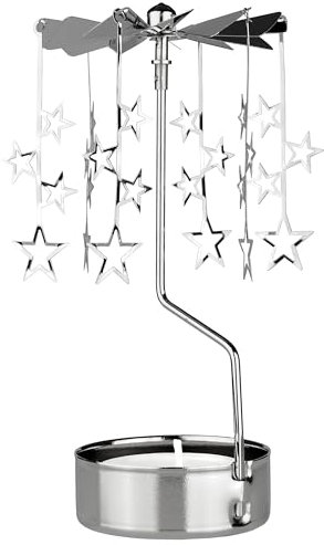 BRUBAKER Teelichtkarussell Silber Weihnachten - Windlicht Karussell aus Metall - Drehender Teelichthalter mit Sternen - Rotierender Kerzenhalter für Teelicht - Weihnachtsdekoration Tischdekoration