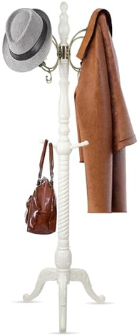 Lzqphantom Garderobenständer Mit 12 Metallhaken und 3 Holzhaken Standgarderobe Kleiderständer Weiß holz Massiv Geeignet für Wohnzimmer Schlafzimmer Büro Kleidung Geschäft Coat Stand