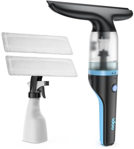 iDOO Fenstersauger, mit Akku, 360ml Fensterreiniger, Fensterputzer, Fensterreiniger Elektrisch, IPX4, Transparenter Wassertank, Sprühflasche mit Mikrofaserbezug, Für Fenster, Autos und Spiegel, 40mins