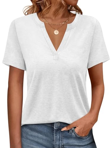 Onsoyours Camiseta para mujer, cuello de pico, manga corta, camiseta de verano, holgada, básica, A blanco., M