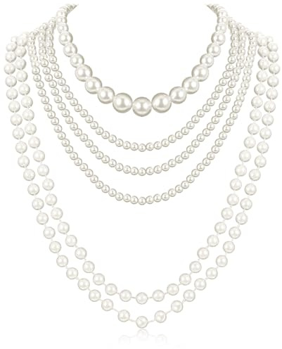 HJZHII 6 collane lunghe di perle, vintage, eleganti, con perle finte, accessori di perle anni '20, collana a strati alla moda, gioielli per costumi Gatsby, per feste di nozze e balli, Perla