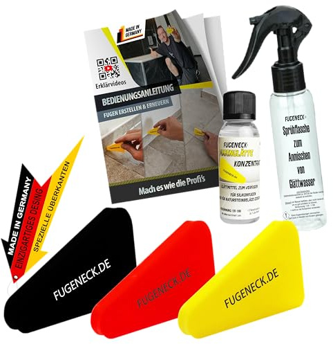 FUGENECK® - Das perfekte Fugenabzieher Set mit allem was du brauchst - einzigartiges Design mit speziellen Überkanten - Für Anfänger und Profis mit Anleitung (3x FUGENECK + Glättmittel + Sprühflasche)