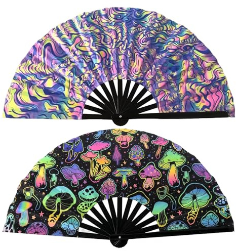 SI SEN Großer Faltbarer Handfächer Bambus, UV-Glühen Fächer, Handheld Faltfächer Holografischer Rave Fan, für Rave, Hanfu, Musikfestival, Club