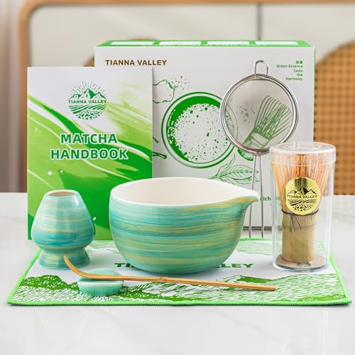 TIANNA VALLEY Matcha Kit,set di 7 pezzi di Matcha verde chiaro, kit di Matcha per cerimonia,ciotola in ceramica da 480 ml/16.2 oz con beccuccio,frusta e supporto in bambù, set di tè Matcha