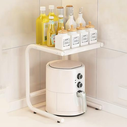 Dreamhousey Iron Air Fryer Over Rack, Kitchen mini Toaster Baker Shelf Stand, Metal Kitchen countertop Tableware Storage Organiser Shelving for Coffee Maker, Water Kettle,Electric Cooker (White-S)