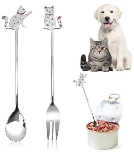Cuillère à friandises pour chat, 2 petites fourchettes et cuillères en acier inoxydable facile à nettoyer ensemble mignon de cuillère de nourriture pour chat pour la nourriture humide en conserve pour