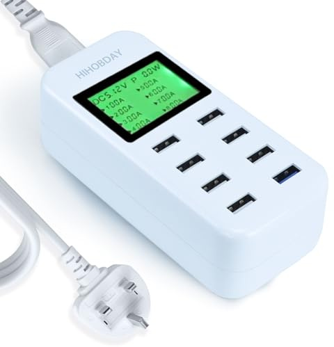 HIHOBDAY 60W 8-Port GaN Charging Station, USB Fast Charger Plug with Display, Compatible with iPhone Samsung Huawei Series and More (White)