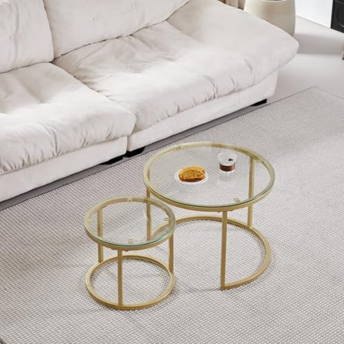 GrandCA HOME Couchtisch 2er Set,Stapelbarer Couchtisch, Couchtische Rund, Gehärtete Glasplatte, Vergoldete Metallbeine，Geeignet für Wohnzimmer, Esszimmer, Café（Ø60 x 45H cm，Ø40x35H cm）