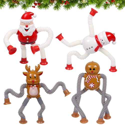 4 Stück Telescopic Roboter,Teleskop Saugnapf Rentier Spielzeug,Weihnachtsthema Schlauchspielzeuge,Lustiges Pädagogisches Stressabbau für Schneemann Weihnachtsmann Lebkuchenmann Style