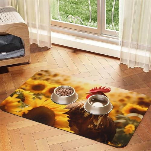 WZYCWB Sets de table absorbants pour animaux de compagnie imprimés tournesols et poules - 30 x 45 cm - Tapis antidérapant pour nourriture et bol d'eau pour chiens et chats
