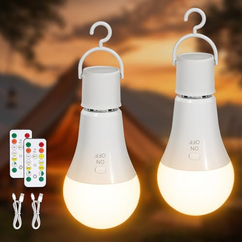 Kimjo Bombilla Recargable USB con Mando - Bombilla Inalámbrica sin Electricidad Punto E27 7W 3 Color Regulable - Luz de Emergencia Control de botones 2 Piezas