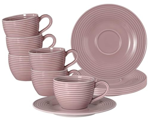 Seltmann Weiden Beat Color Glaze - Set da caffè da 12 pezzi, in porcellana moderna con sollievo, colori alla moda, 6 tazzine da caffè e piattini, lavabile in lavastoviglie e microonde, colore: rosa