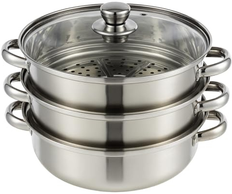 3-Tier Stainless Steel Steamer Pot with Lid, Multipurpose Steam Pots for Cooking, Vegetable & Dumpling Steamer Set with Durable Handles and Glass Lid for Fish, Meat, and Seafood