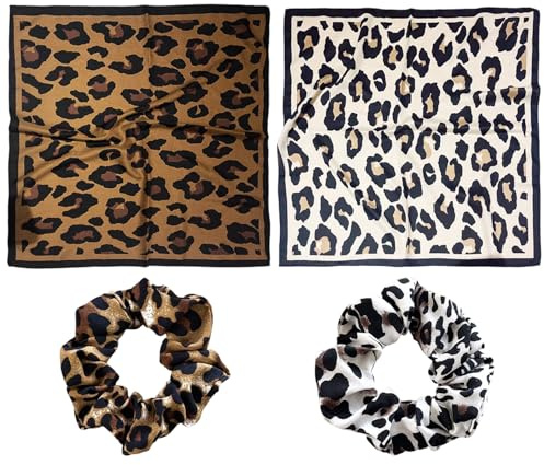 JDNFKG 2 Pezzi Di Sciarpa Quadrata Con Motivo Leopardo E 2 Pezzi Di Anello Per Capelli, Foulard Con Motivo Leopardo, Accessori Per Acconciature, Adatti Per L'Uso Quotidiano E Per Le Vacanze.