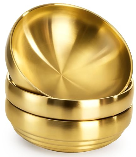 Frcctre 3 Pack Stainless Steel Bowls, 31 Oz/880ml Double Walled Insulated Bowls, Unbreakable Decorative Golden Bowl Serving Bowl for Salad Soup Noodle Friut Mixing, Dishwasher Safe