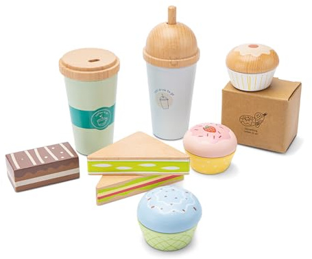 Woet® Set Coffee to Go en Bois pour Tout-Petits – Jouet de Café et Boulangerie Factice 15 Pièces – Sandwichs, Cupcakes et Boissons – Set de Jeu FSC – À Partir de 2 Ans – Cadeau Barista pour Enfants