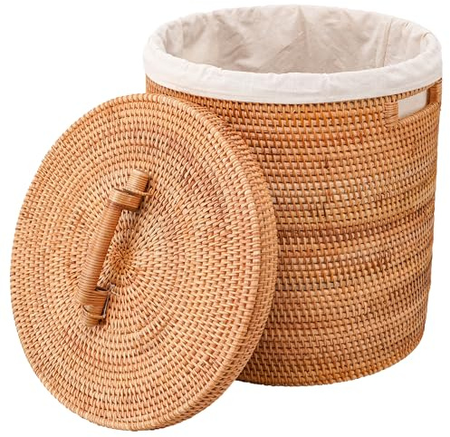 LALASUN Rattan Laundry Hamper With Lid, Rattan Laundry Basket With Removable Liner And Handles (15.7 L×15.7W×17.3H）