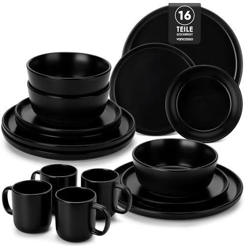 vancasso 16-Piece Dinner Sets with Mugs, Stoneware Dinnerware for 4, Black | Modern Ceramic Dinner Service with Dinner Plates, Dessert Plate, Cereal Bowls, for Daily/Party, Microwave and Dishwasher Safe