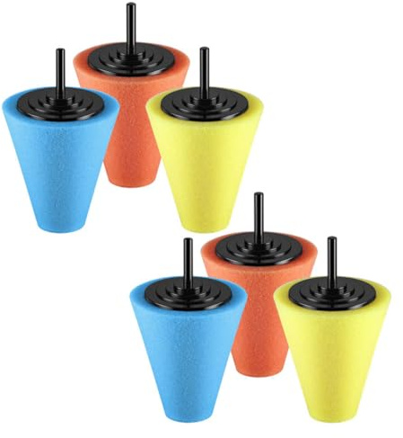 OSOLADY Almohadillas de Esponja Cónicas para Pulido de Ruedas de Coche 6 Piezas (2 Naranja, 2 Amarillo, 2 Azul) para Taladro, Kit de Pulido Automotriz para Abrillantar Cubos y Reparación