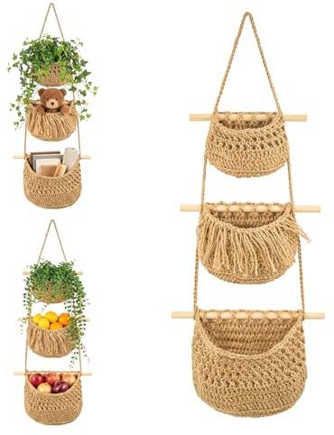 GREENSAPPIRE 3-Tier Wall Hanging Storage Basket 84cm Bohemian Style Wall Mounted Storage Basket Over the Door Hanging Basket Woven Cotton Rope Storage for Fruits, Vegetables, Toys & Organizing