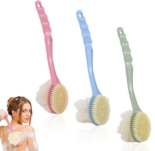 3er Set Rückenbürste mit langem Stiel 35cm, Duschbürste Rücken mit Borsten und Loofah, Badebürste mit langem Stiel Rückenbürste für Senioren und Männer Frauen Anti Rutsch Hängeloch (Blau Grün Rosa)