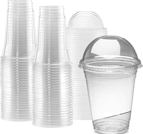 Clear Plastic Smoothie Cups with Dome Lids, 16oz (473ml), for Iced Tea, Coffee, Cold Drinks, 50 Pack