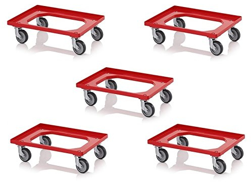 5x Transportroller rot mit Gummrädern für 60x40 Eurobehälter inkl. gratis Zollstock 5er Set