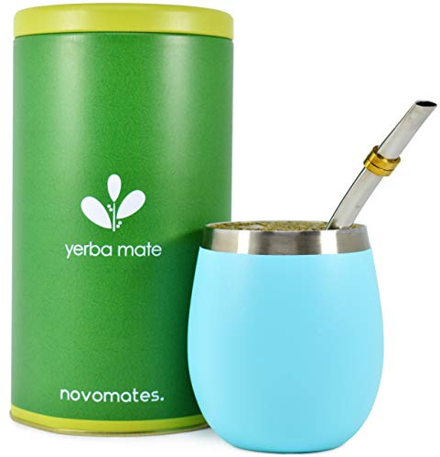 Novomates Calebasse Maté en Acier Inox à Double Paroi, Bombilla Maté et Récipient Yerba Mate - Kit Maté, 237 ml (Bleu Sarcelle)