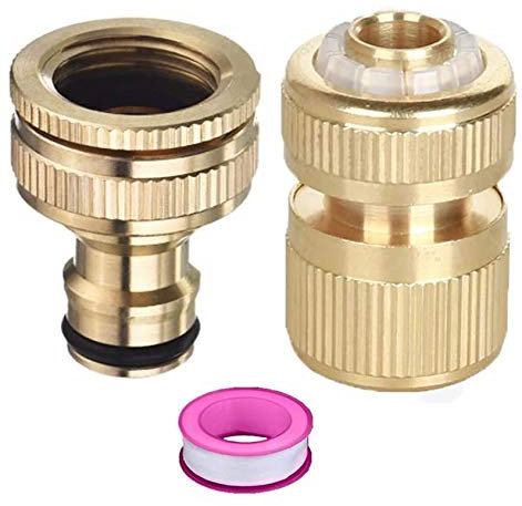 Kungfu Mall Set di 2 connettori per rubinetto in ottone per giardino, 1/2 e 3/4 2 in 1 con filettatura femmina e raccordo femmina da 1/2 con nastro filettato regalo